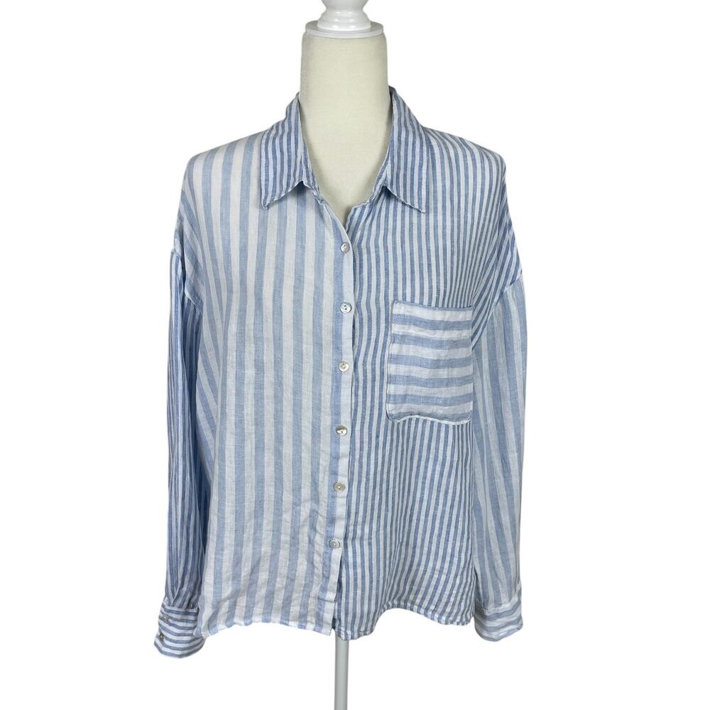 Nicole Miller Linen Striped Button Front Top Blue White L Coastal Nautical